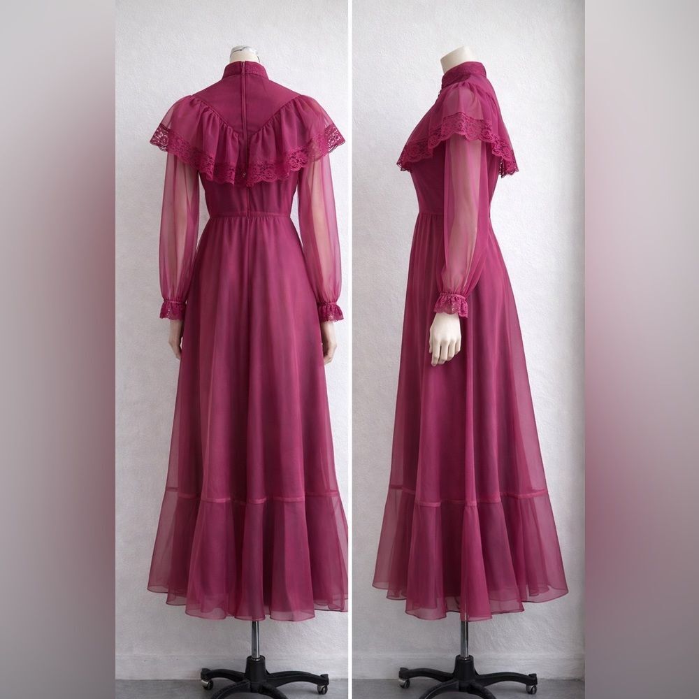 Vintage 1970s Magenta Chiffon Long Sleeve Victorian Maxi Dress XS Prairie - Picture 4 of 13